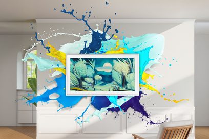 Samsung TQ43LS03FAU 2025 fladskærm med hvid ramme, der viser et maleri, farverige maleristænk i baggrunden