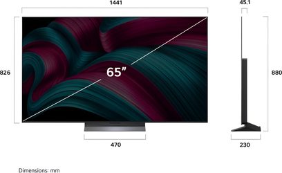 LG OLED65C5 fekete, ultra vékony fémkeretes 65 colos OLED üvegkijelzős televízió, középen elhelyezett trapéz alakú műanyag állvánnyal, elől nézve