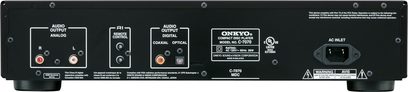 Onkyo C-7070 sidabrinės spalvos CD grotuvas, galinis vaizdas, analoginiai ir skaitmeniniai garso jungtys, koaksialinės ir optinės