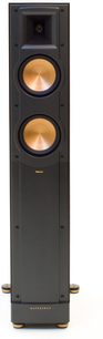 Diffusore da pavimento Klipsch RF-52 MkII nero, vista frontale, due altoparlanti circolari dorati su pannello frontale nero opaco rettangolare