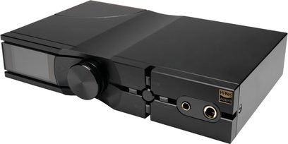 Sluchátkový předzesilovač iFi Audio Neo iDSD 3 černý, velké centrální tlačítko, dva sluchátkové výstupy na čelním panelu