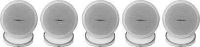 Pack de 5 altavoces esféricos blancos Cabasse iO3, sobre soporte, alineados de frente sobre fondo blanco