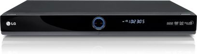 Forsiden af en LG RHT499H Blu-ray-optager, rektangulær, sort, blank, blå display, hvide påskrifter