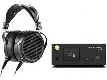 Czarne słuchawki Audeze LCD-2C ze wzmacniaczem słuchawkowym Gold Note HP-5 2, widok z przodu