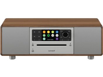 Radio de masă Sonoro Prestige din lemn de nuc și metal argintiu, panou frontal cu ecran, butoane și difuzoare