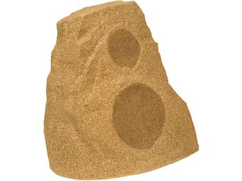 Klipsch AWR-650-SM sandstenfärgad utomhushögtalare i stenform, grov beige yta med två mörktbruna runda galler