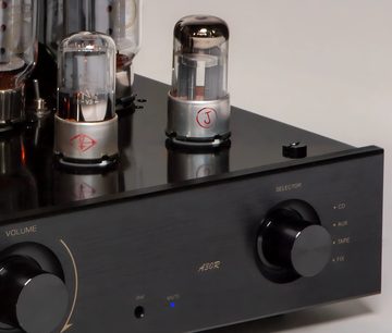 Puresound A30-R black tube hi-fi amplifier, front view, 2 glass tubes, 5-position selector, volume and power on/off knobs