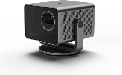 Harmaa suorakulmainen Leica Cine Play 1 -videoprojektori, etulinssi ja rei’itetty sivupaneeli, asennettuna design-tyyliselle pyöreälle jalustalle