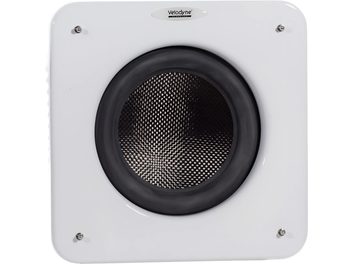 Subwoofer Velodyne MicroVee X blanco, vista frontal con altavoz negro central y esquinas redondeadas