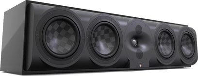 Perlisten S7c Center Speaker, perspective view, 5 black circular drivers with a checkered pattern, black rectangular enclosure