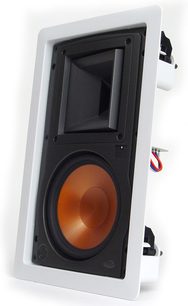 Klipsch R-3650-W hvid indbygningsbar højttaler, set forfra, orange højttaler, sort gitter, røde og blå logoer