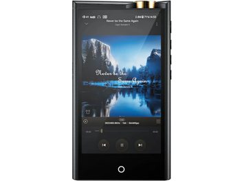 Reproductor portátil audiófilo Cayin N7 negro de metal, vista frontal, gran pantalla táctil de superficie completa, botón táctil circular blanco en la parte inferior, rueda de volumen dorada prominente en la parte superior, botones laterales en el lado derecho