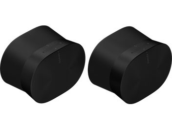 Two matte black Sonos Era 300 wireless speakers with a tapered cylindrical shape, viewed from the side on a gray background