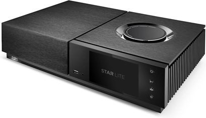 Naim Audio Uniti Star Lite alt-i-et hi-fi-system i sort, frontskærm og øverste drejeknap, set fra trekvart vinkel