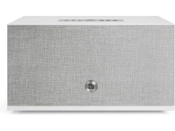 Coluna inteligente Audio Pro C10 MKII W branca, grelha cinzento-clara com logótipo central e controlos na parte superior