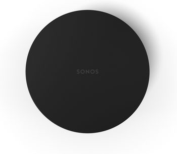 Sort Sonos Sub Mini højttaler, set forfra, cylindrisk form med cirkulær udskæring i midten