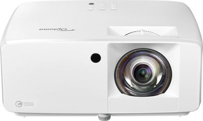 Відеопроєктор Optoma UHZ35ST білий, вид спереду, об'єктив по центру з концентричними лінзами