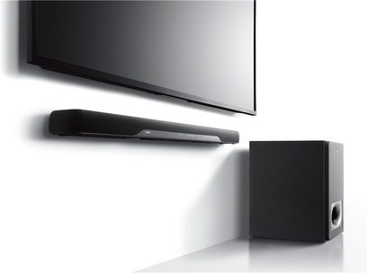 Yamaha YAS-207 schwarze Soundbar und Subwoofer, Frontal- und Seitenansicht auf weißem Hintergrund