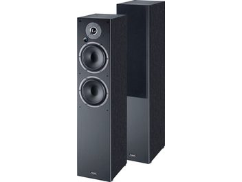 Enceintes colonnes Magnat Monitor Reference 5A noires, vue de face, deux haut-parleurs ronds, tweeter, façade bois foncé