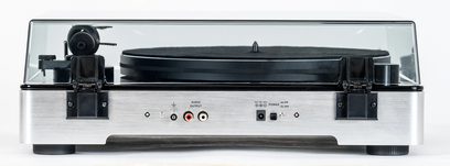 Elac Miracord 60 sort vinylpladespiller, bagside, børstet metalfront, gennemsigtigt låg, RCA-udgange, 12 V-indgang