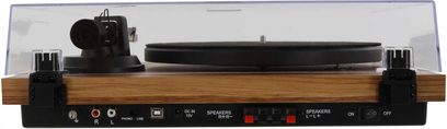 Giradischi Enova HIFI Vision 2 SET in noce con finitura Dark wood, vista frontale, braccio di lettura e piatto nero, connettori sul retro