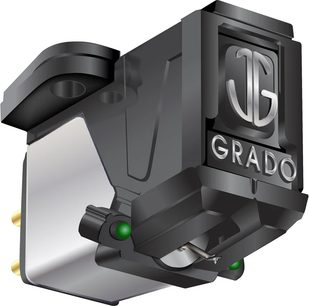 Glava za hi-fi gramofon Grado Green3 črne barve s srebrnim logotipom, prikaz v perspektivi z detajli ohišja