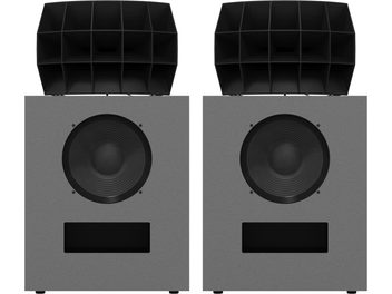 Klipsch kO-R2 Hammertone Grey garsiakalbių pora, vaizdas iš priekio, su pilka apdaila, dideliu juodu garsiakalbiu ir viršutiniu ragu