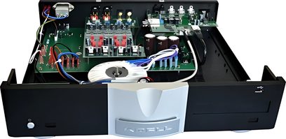 Krell Vanguard universalus tinklo garso grotuvas, vidinis vaizdas, rodantis elektronines dalis ir toroidinį transformatorių