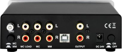 Thorens MM-008 ADC phono-forforsterker, bakside, svart kabinett, venstre/høyre RCA-kontakter, USB-port, GND-terminal, bryter