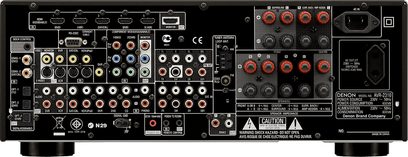 Denon AVR-2310 hjemmebiograf-forstærker, frontpanel, mange audio/video-stik, knapper og drejeknapper til justering