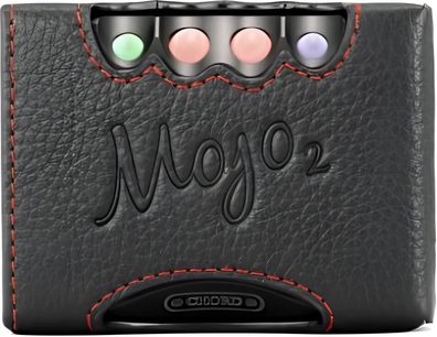 Svart lærveske for Chord Mojo 2, rektangulær, preget logo, 4 fargede knapper, grått polstret interiør