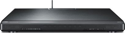 Yamaha SRT-1500 sort soundbar, set forfra, rektangulær forlænget form, sort gitter på forsiden, knapper på toppen