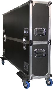 Juodas ekrano transportavimo dėklas Power Acoustics Flight écran 65 MK2 su sidabriniais kraštais ir mėlynais ratukais