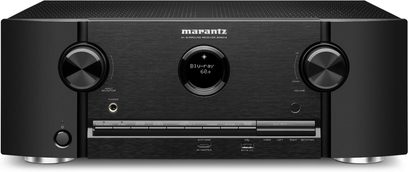 Ampli home-cinéma Marantz SR5014 noir, vue de face, façade noire, boutons et molettes argentés, afficheur bleu, prises casque et micro