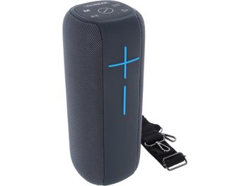 Enceinte bluetooth Yourban Getone 48 grise, vue de face, forme cylindrique, boutons bleus, sangle noire attachée