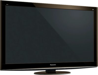 Išjungtas juodas Panasonic TX-P50VT20 plokščiaekranis televizorius, vaizdas iš priekio