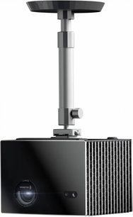Valerion CMB-01 Ceiling Mount Kit for projector, in silver aluminum, with an adjustable cylindrical rod connecting a black circular plate to a rectangular black projector featuring a glossy front and side grilles, three-quarter front view