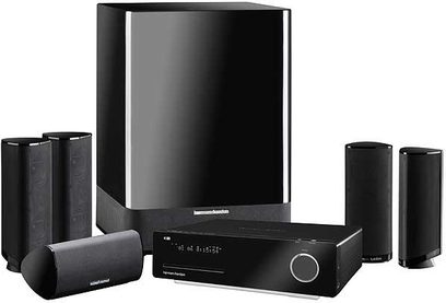 Harman Kardon HS 350 sort hjemmebiografsystem bestående af 5 højttalere, 1 subwoofer og 1 forstærker
