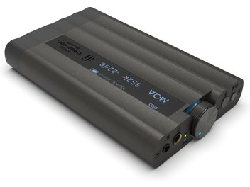 DAC portatile iFi Audio xDSD Gryphon nero, chassis in metallo zigrinato con manopola del volume, connettori per cuffie sul pannello frontale