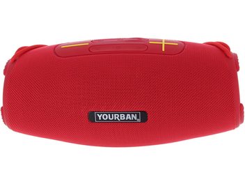 Bluetooth-kõlar Yourban Getone 45 punane, vaade ülalt, silindrikujuline, tekstuuriga kangas, kollased nupud, Yourban logo