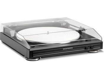 Gramofon Marantz TT5005 černý, pohled shora, průhledné zavřené víko, raménko vpravo