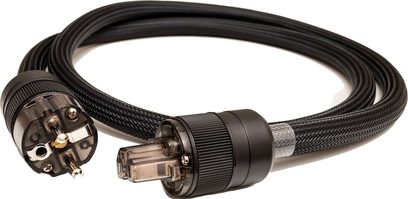 Cavo di alimentazione Taga Harmony TPC-TS 1,5m nero con connettori Schuko e IEC, guaina intrecciata, vista frontale