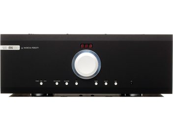 Ampli hi-fi integrált sztereó Musical Fidelity M6si500 fekete színben, ezüst színű kör alakú központi gombbal, piros kijelzővel és 9 fehér gombbal