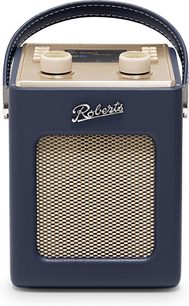Tragbares Roberts Mini 2 Radio, Frontansicht, marineblaues Kunstleder, goldfarbenes Gitter, oberer Griff, zwei cremefarbene Drehknöpfe