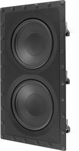 Wbudowany subwoofer DCS-208IW3, widok perspektywiczny, czarna prostokątna przednia część, 2 okrągłe głośniki ustawione pionowo