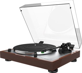 Giradischi hi-fi Thorens TD 402 DD in noce, vista dall'alto, coperchio aperto, braccio di lettura, piatto nero, base in legno
