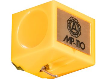 Nagaoka JN-P110 yellow plastic stylus, side metal plate marked MP-110 with logo, visible metal cantilever, three-quarter view