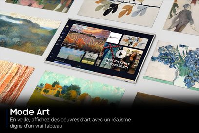 Samsung The Frame TQ55LS03HA-tv med hvid ramme, set fra en vinkel, visning i Art Mode omgivet af billeder