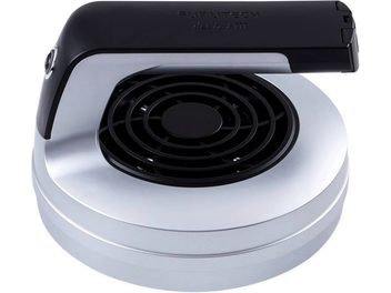 Brosse pour vinyle Furutech Destat III blanche et noire, vue de dessus en gros plan, couvercle noir avec grille circulaire centrale