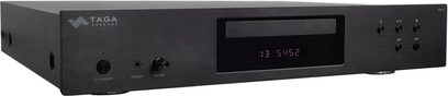 Reproductor de CD de alta fidelidad Taga Harmony TCD-30 negro con panel frontal rectangular, pantalla digital, botones y toma de auriculares visibles.